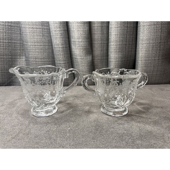 VTG Fostoria Meadow Etched Clear Glass Creamer Sugar Tray - Picture 4 of 13